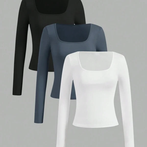 3 pieces Women's Long Sleeved U-neck T-Shirt Tops Solid Color soft Street Spicy Girl Casual Autumn Tight Fitting