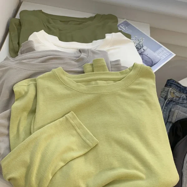 Korean Fashion Women Tshirt Casual Round Neck Long Sleeve Skin Friendly Solid Color Soft Drape Spring Autumn Trendy Top