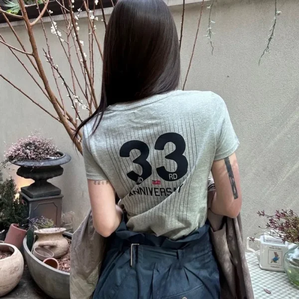 Korean Niche Trend Casual Sports Style No. 33 Front and Rear Printing Vertical Bar Letters Thin Shoulder Short-sleeved T-shirt