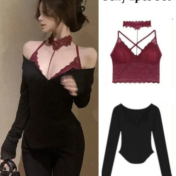 Sexy Lace 2 Piece Set Off Shoulder Long sleeve T-shirt Women Halter Corset Top Cami Top Set Basic Blouse Evening Party Outwear